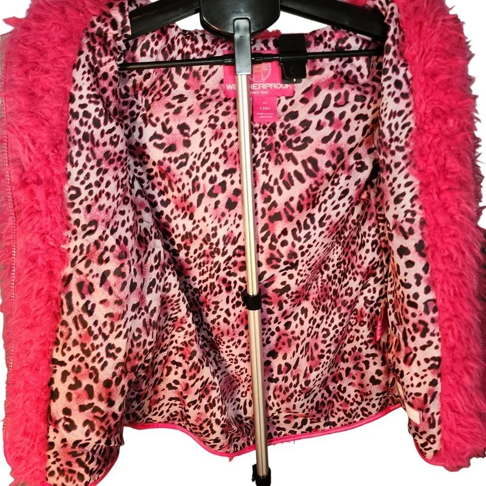 Girls Large Hot Pink Fuzzy Hooded Zip Up Jacket‎ Cheetah Lining
